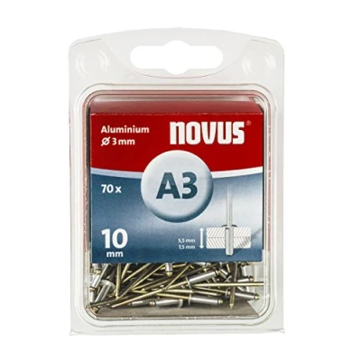 Abbildung von Novus Aluminium Blindnieten 10 mm, 70 Nieten, Ø 3 5.0 7.5 mm Klemmlänge, für Nichteisen Metall, Stoffen und Leder