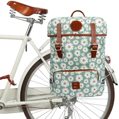 Abbildung von Tourbn TOURBON Fahrradtasche Gepäckträgertasche Wasserdicht Segeltuch Radfahren Laptop Rucksack Sitz Schultertasche für Outdoor Reisen Schule (Blumenmuster)