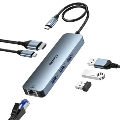 Abbildung von BENFEI 6 in 1 USB C HUB mit HDMI 4K@60Hz/ Gigabit Ethernet/100W PD Stromversorgung/3*USB A 5Gbps [Silikonkabel Aluminiumgehäuse] kompatibel iPhone 15 Pro/Max MacBook iPad Pro iMac S23 XPS17
