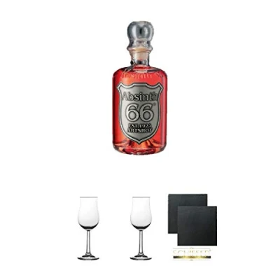 Abbildung von Absinth 66 Tonka Rot 44% 0,5 Liter + 2 Bugatti Nosing Gläser mit Eichstrich 2cl und 4cl Schiefer Glasuntersetzer eckig ca. 9,5 cm Ø