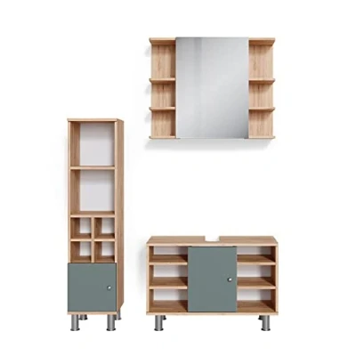 Abbildung von Vicco Badmöbel Set Fynn, Grün/Goldkraft Eiche, 3 Teile, mit Midischrank Tür klein