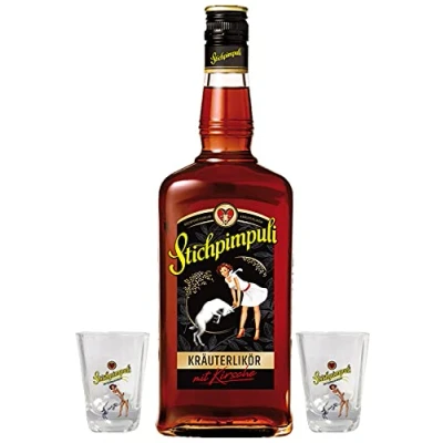 Abbildung von Stichpimpuli bockforcelorum Speziallikör 0,7 Liter + Shot Glas mit Schriftzug und Eichstrich 2 cl
