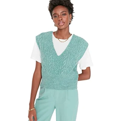 Abbildung von TRENDYOL Damen V ausschnitt Unifarben Regular Strickweste Sweater, Mint, S EU