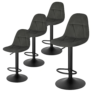 Abbildung von Lestarain Barhocker 4er Set, Tresenhocker, Bistrohocker, Design Hocker mit Rückenlehne, höhenverstellbar, 360Drehhocker, Barstuhl Samtbezug, aus Metall, Sitzhöhe 60 81 cm, dunkelgrau, LBAI64001 4
