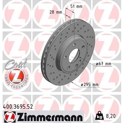 Abbildung von ZIMMERMANN SPORT COAT Z 400.3695.52 Bremsscheibe 295 28 6/5 5 112 innenbelüftet, gelocht beschichtet hochgekohlt MERCEDES BENZ: B Klasse, A Klasse