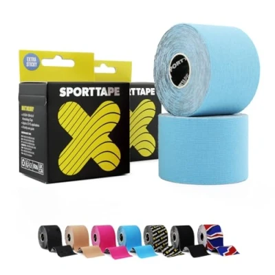 Abbildung von 2 Rollen SPORTTAPE Extra Klebriges Kinesiologie Tape, 5 cm x m Blau Hypoallergenes, Wasserfestes Sports Tape Physio Medizinisches Sport bei Muskelverletzungen, Unterstützung