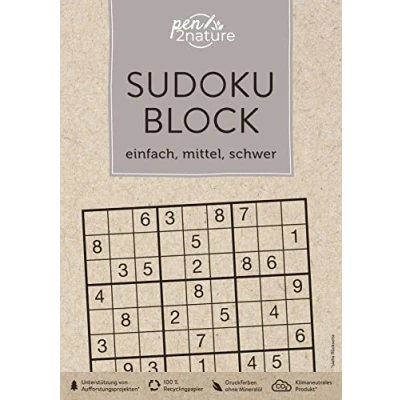 Abbildung von Sudoku Block einfach, mittel, schwer: pen2nature: 100 % Recyclingpapier klimaneutrale Produktion unterstützt Aufforstungsprojekte (pen2nature books)