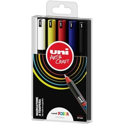 Abbildung von Posca Uniposca Komplett Set mit 5 Filzstiften, extra feine Spitze, 0,7 mm, Acrylfarben, ideal als Farben für Kinder und Künstler, Schreibwaren, Stofffarben andere Oberflächen