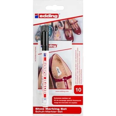 Abbildung von edding 8408 Schuhmarker Set schwarz 1 Stift und 10 Etiketten Rundfeder 0,75 mm zum Beschriften von persönlichen Schuhetiketten