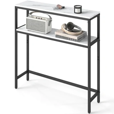 Abbildung von VASAGLE Konsolentisch, schmaler Sofatisch mit 2 Ablagen, 20 x 80 cm, Flurtisch, Ebenen, für Flur, Wohnzimmer, Schlafzimmer, marmorweiß tintenschwarz LNT130W59