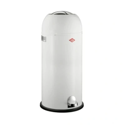Abbildung von Wesco Kickmaster Maxi Abfallsammler in der Farbe weiß, pulverbeschichtetes Stahlblech, eingebauter Dämpfer, 40 Liter Volumen, großer Einwurf