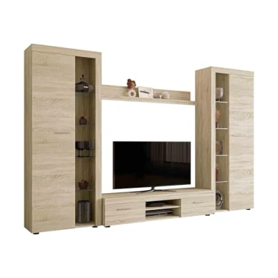 Abbildung von Wohnwand Rango XL, Modernes Wohnzimmer Set, Design Anbauwand, Schrankwand, Mediawand, Vitrine, TV Lowboard, (Sonoma Eiche, ohne Beleuchtung)
