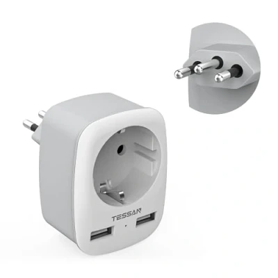 Abbildung von TESSAN Reiseadapter Brasilien mit 2 USB, 3 in 1 Stecker Adapter, Fach Adapter Steckdose, Typ N für südafrika, 2500W Reisestecker südafrika Steckdosenadapter Grau