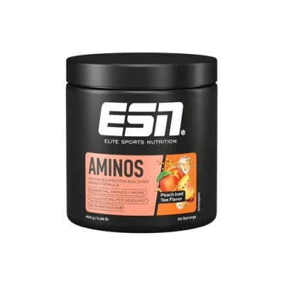 Abbildung von ESN AMINOS, Peach Iced Tea, 400 g, feines Amino Pulver mit essentiellen Aminosäuren &amp; Astragin, 3,2 g Leucin pro Portion, ideale Löslichkeit, vegan made in Germany