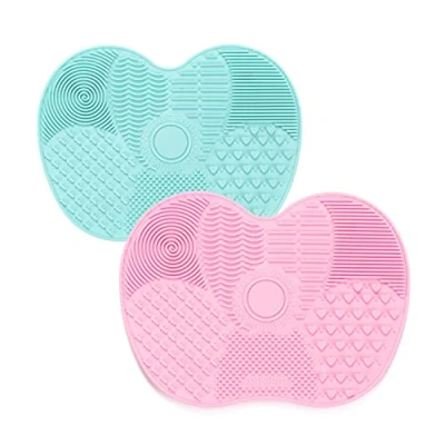 Abbildung von TSHAOUN 2 Stück Silikon Make Up Pinsel Reinigungsmatte, Scrubber Matte Kosmetische Reinigungspad Tragbares Waschwerkzeug mit Saugnapf, Große Apfelförmige (Grün+Rosa)