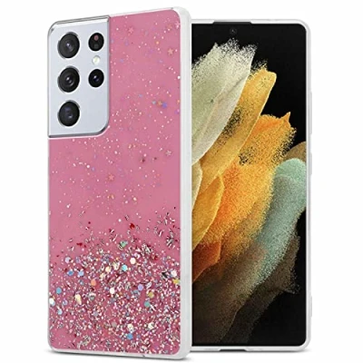 Abbildung von Cadorabo Hülle kompatibel mit Samsung Galaxy S21 Ultra Rundumschutz TPU Silikon Case Mädchen Glitzer Strass Design Slim Kratzfest Weiche Gummi Bling Schutzhülle für in Rosa