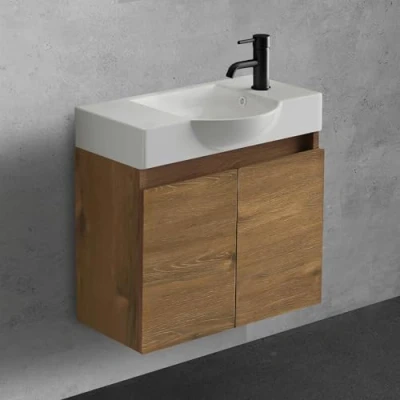 Abbildung von Alpenberger Waschtisch mit Unterschrank 55 cm Breit Waschbecken Bad Möbel Modern Set Kleines Gäste WC Waschbeckenunterschrank Badezimmermöbel (Eiche)