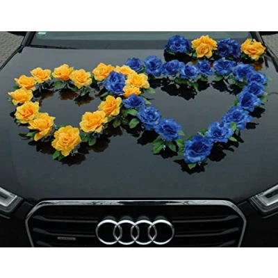 Abbildung von DOPPEL Herz Auto Schmuck Braut Paar Rose Deko Dekoration Autoschmuck Hochzeit Car Wedding Ratan (Blau/Gelb)