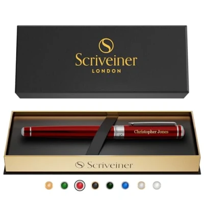 Abbildung von Scriveiner Deep Crimson Personalisierter Stift Atemberaubender Roter Lack Luxus Tintenroller Mit Chrom Finish, Schmidt Tinte, Bestes Graviertes Geschenkset, Custom Name Gravur