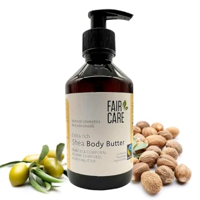 Abbildung von FAIR CARE Körperbutter mit Sheabutter 240 ml Pumpspender feuchtigkeitsspendende Creme Fairtrade Body Butter für trockene Haut Natürliche Inhaltsstoffe