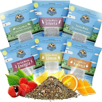 Abbildung von Satz mit allen Proben Mate Tee Rio Parana von 50g Traditionell, Energie Guarana, Gewichtsverlust, Zitrone, Orange Argentinian Natürliches Koffein 6x50g