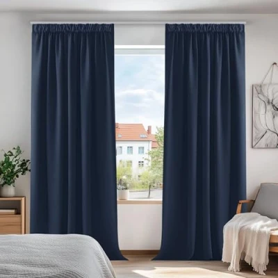 Abbildung von Deconovo verdunkelungsvorhänge mit Kräuselband thermovorhänge gardinen Thermovorhang Kälteschutz thermo gegen Kälte Thermogardine Hitzeschutz, 290x140cm(HöhexBreite), Dunkelblau, 2er Set