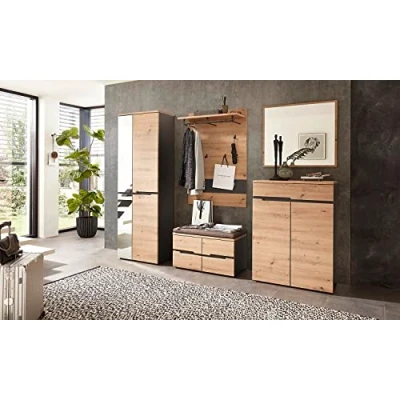 Abbildung von moebel dich auf Garderoben Set MELBOURNE, (Komplettgarderobe, Garderobenschrank + Paneel Bank Spiegel Schuhkommode), in Artisan Eiche MDF, Absetzung graphit