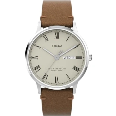 Abbildung von Timex Q Herren Armbanduhr, 37,5 mm, schwarzes, zweiteiliges Lederarmband mit Schnellverschluss, grünes Zifferblatt, Edelstahlgehäuse TW2W44700