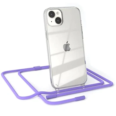 Abbildung von EAZY CASE kombinierbare Handyketten kompatibel mit iPhone 14 Plus, Transparente Silikon Hülle rundem Umhängeband, abnehmbar durch abschraubbare Endstücke, Band, Riemen, Lavendel Lila