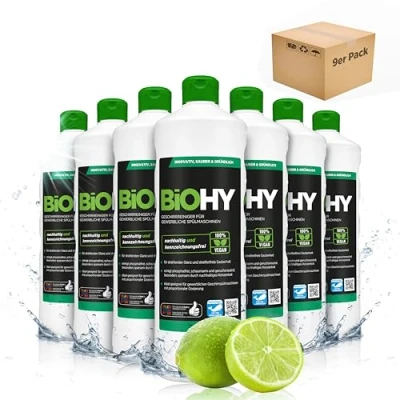 Abbildung von BiOHY Geschirrreiniger für gewerbliche Spülmaschinen (9 x 1 Liter) Maschinenspülmittel Geschirr ergiebig, flüssig &amp; phosphatfrei Gastro Gewerbe Spülmaschinenreiniger