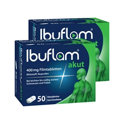 Abbildung von Ibuflam® akut 400 mg Ibuprofen Filmtabletten Doppel Pack 2 x 50 Stk. Ibu Schmerztabletten bei Schmerzen, Zahnschmerzen, Fieber und ErkältungSchnelle Schmerzlinderung mit