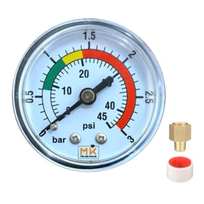 Abbildung von Manometer für sandfilter, 0 3 bar/45 psi, Anschluss 1/4 Zoll BSP, hinten, aus Messing, Sandfilter Pool, geliefert mit einem Teflon, sowie Adapter 1/8