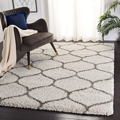 Abbildung von SAFAVIEH Zottelig Teppich für Wohnzimmer, Esszimmer, Schlafzimmer Hudson Shag Collection, Hoher Flor, Elfenbein und Grau, 91 X 152 cm
