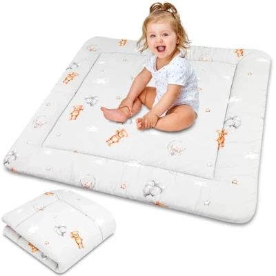 Abbildung von Krabbeldecke für baby Spieldecke 100x100 cm gepolstert krabbelteppich groß dicke faltbare Laufgittereinlage aus Baumwolle Teddybären