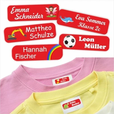 Abbildung von Indigos UG Namensschilder für Kleidung rot 35x10mm 60 Stück Namensaufkleber Kinder Schule &amp; Gegenstände, Kindergarten, KITA Wäscheetiketten selbstklebend