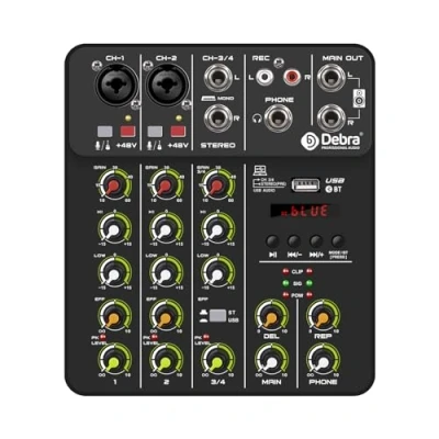 Abbildung von Professioneller Audio Mixer,4 Eingangs Mixer mit MP3 USB Bluetooth, 48V Phantomspeisung,Stereo DJ für Aufnahmen,Live Streaming, Podcasting (Schwarz)