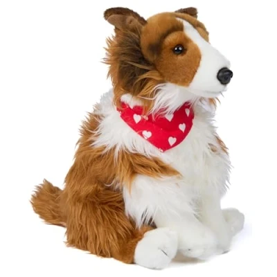 Abbildung von Uni Toys Kuscheltier Langhaarcollie m. Halstuch (Herzchen Motiv) Höhe 27 cm Plüschtier, zu 100 % recyceltes Füllmaterial