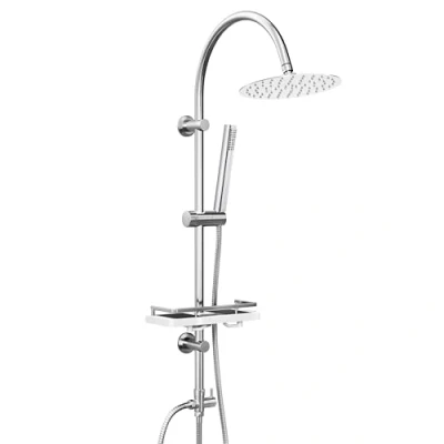 Abbildung von Görbach Regendusche Duschsystem mit Ablage, Edelstahl Duschstangeset Duschset ohne Armatur Kopfbrause D20cm Chrom