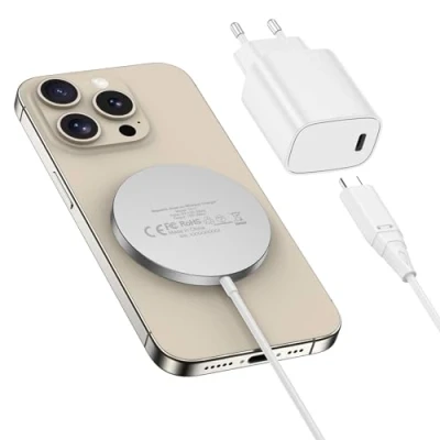 Abbildung von Mag Safe Ladegerät mit Adapter, Schnelles Magnetic Wireless Charger Pad für iPhone 15/14/13/12 Serien und AirPods Ultra Slim Induktive Kabelloses Laden