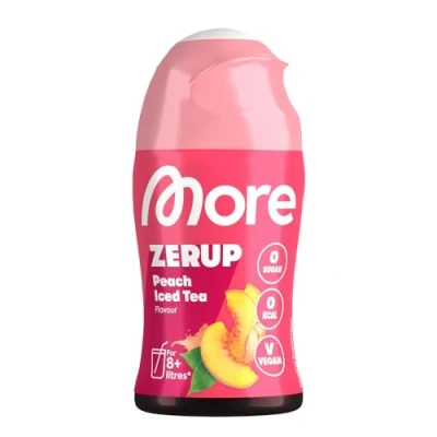 Abbildung von MORE Zerup, Peach Iced Tea, 65 ml, für bis zu 8 l Fertiggetränk, zuckerfreier Sirup mit echten Fruchtextrakten, vegan, zero Kalorien made in Germany