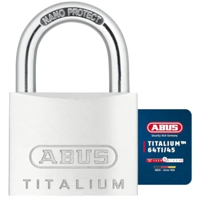 Abbildung von ABUS Vorhängeschloss Titalium 64TI/45 Kellerschloss mit Schlosskörper aus Spezial Aluminium gehärteter Stahlbügel Sicherheitslevel 5