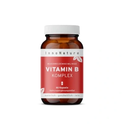 Abbildung von InnoNature Vitamin B Komplex natürlich aus Buchweizenkeimlingen 60 Kapseln,. Alle Vitamine (B1, B2, B3, B5, B6, B7, B9, B12) zu 120% NRV vegan, laborgeprüft und hergestellt in DE
