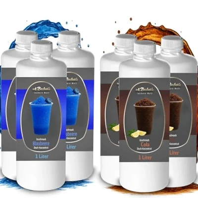 Abbildung von A. Becker&#039;s Slush Eis Sirup Ohne Azofarbstoffe 2x 3L Blaubeere und Cola Vegan 1L Konzentrat ergibt 6L Getränkesirup für Zubereitung in Maschine Mixer
