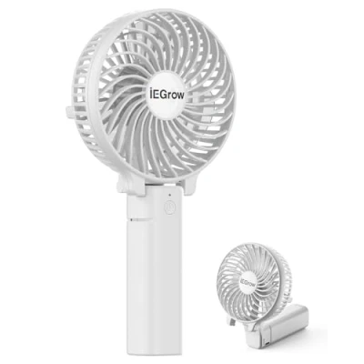Abbildung von iEGrow Handventilator Tragbarer Mini Ventilatoren USB Wiederaufladbarer [2 9 Betriebsstunden] 3 Geschwindigkeiten Aufladbarem Batterie für Reisen Zuhause (Weiß)