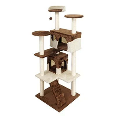 Abbildung von Wiltec Kratzbaum in Braun/Beige 130 cm hoch, Katzenkratzbaum mit Aussichtsplattformen, Kletterbaum Katzenhäusern, Katzenbaum Spielbällen