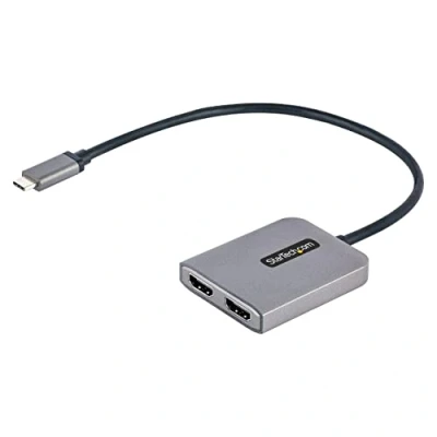 Abbildung von StarTech.com USB C auf Dual HDMI Adapter, Typ Multi Monitor MST Hub, 4K 60Hz Laptop Display Extender / Splitter, HDR, extra langes integriertes Kabel, nur Windows (MST14CD122HD)