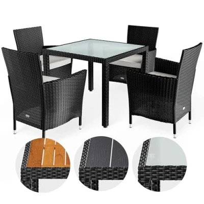 Abbildung von Casaria® Gartenmöbel Set 9 TLG. mit Tisch 90x90 cm 4er Stühle 160 kg belastbar Auflagen Wetterfest Stapelbar Polyrattan Schwarz Balkon Terrassen Möbel