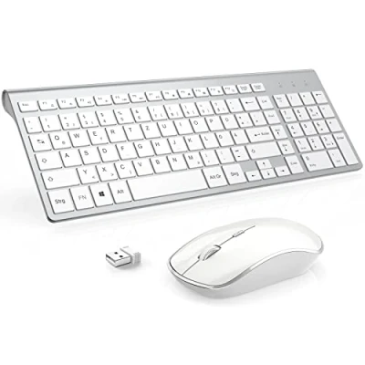 Abbildung von JOYACCESS J Tastatur Maus Set Kabellos, 2.4G Ultra Dünne Funktastatur mit Maus, Ergonomischer und Leise 2400DPI Optische für PC/Laptop/Smart TV(QWERTZ, Deutsches Layout) Schwarz Grau