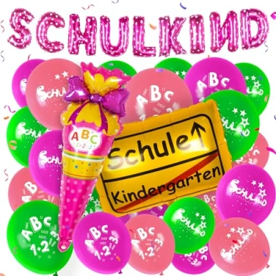 Abbildung von Einschulung Schuleinführung Schulanfang deko Set für Mädchen,Rosa SCHULKIND Rosa Banner + Zuckertüte Luftballons ABC 123 Folienballon Mädchen