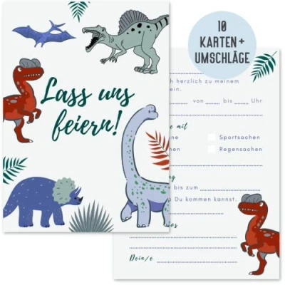 Abbildung von Things of Happiness Einladungskarten 10 Kindergeburtstag Einladungen inkl. Umschläge Tiere Feuerwehr, Dinosaurier Safari Reh Dschungel